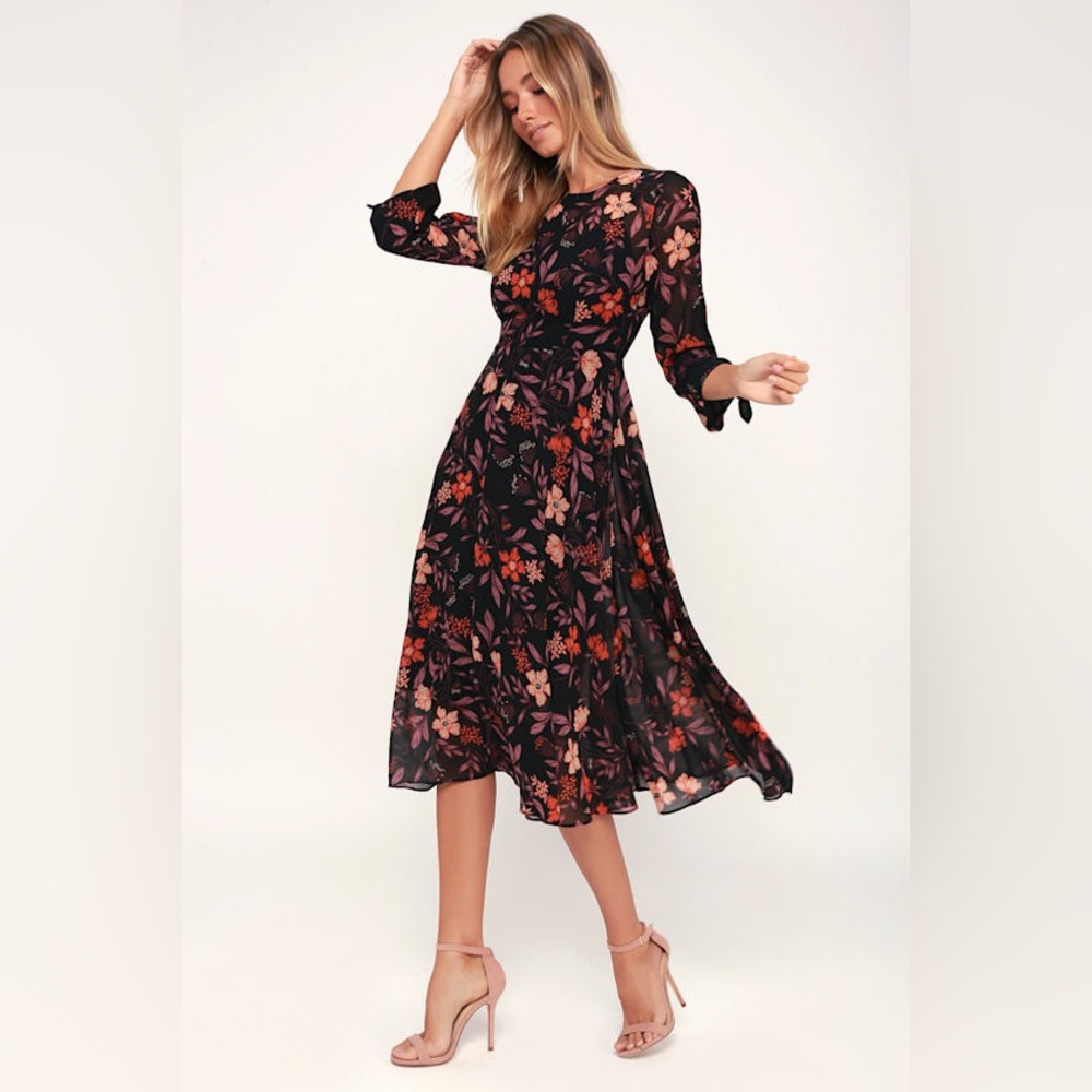 I.Madeline Passionate Love Black Floral Print Midi Dress Sheer Sz XS